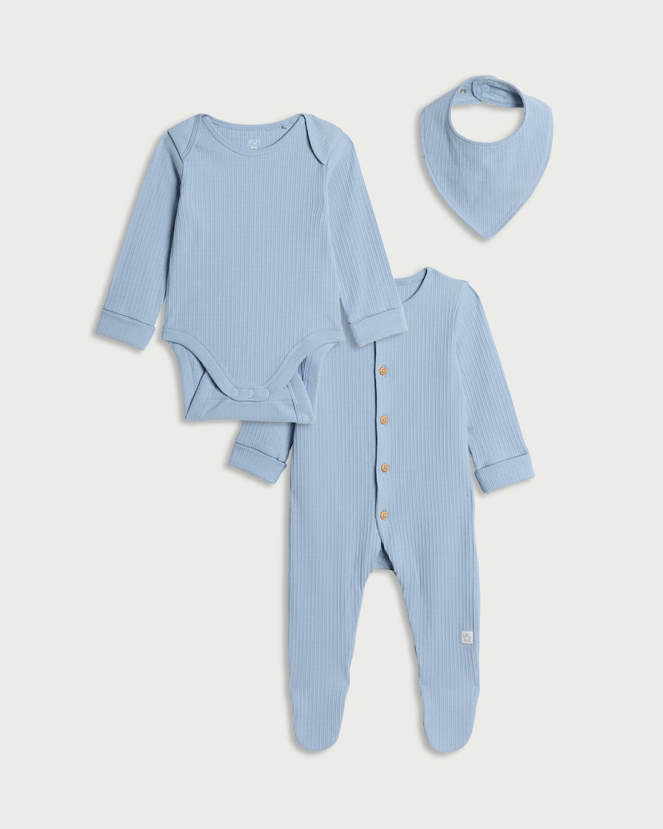 image 1 of F&F Baby 3-Piece Ribbed Sleepsuit, Bodysuit and Bib Set in Blue