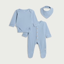 F&F Baby 3-Piece Ribbed Sleepsuit, Bodysuit and Bib Set in Blue