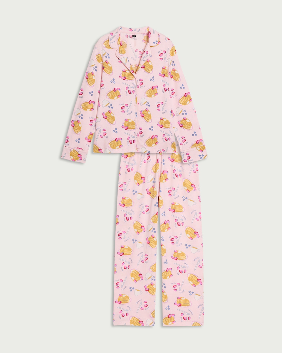 image 1 of F&F Pure Cotton Pancake Print Revere Pyjama Set in Multi Pink
