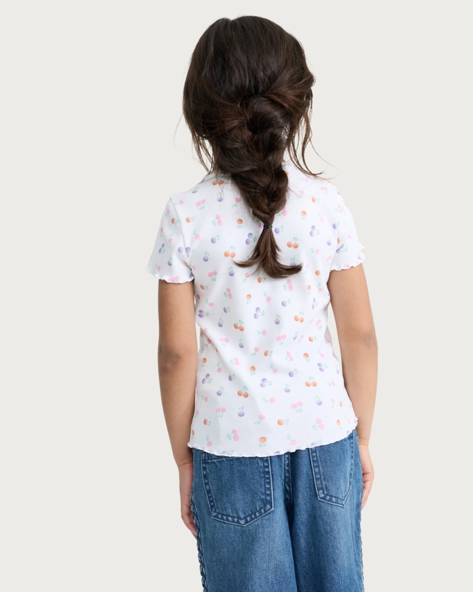image 1 of F&F Girls Cotton Rich Cherry Print T-Shirt in White