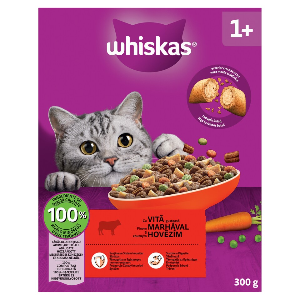 Whiskas 1+ teljes értékű szárazeledel felnőtt macskák számára marhával 300 g