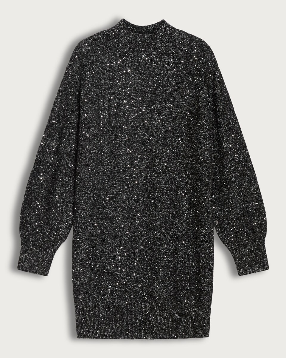 image 1 of F&F Sequin Embellished Knit High Neck Dress in Black