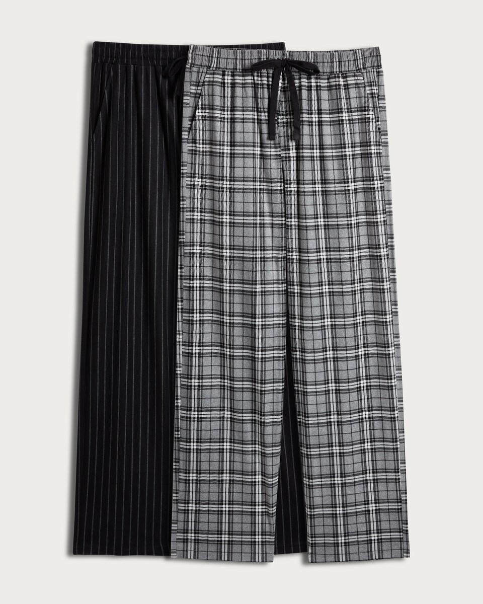 image 1 of F&F 2-Pack Stripe and Check Fleece Printed Pyjama Bottoms in Multi