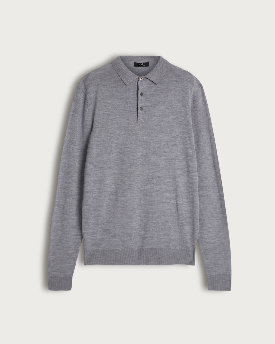image 1 of F&F Pure Merino Wool Long Sleeved Polo Shirt in Grey Marl
