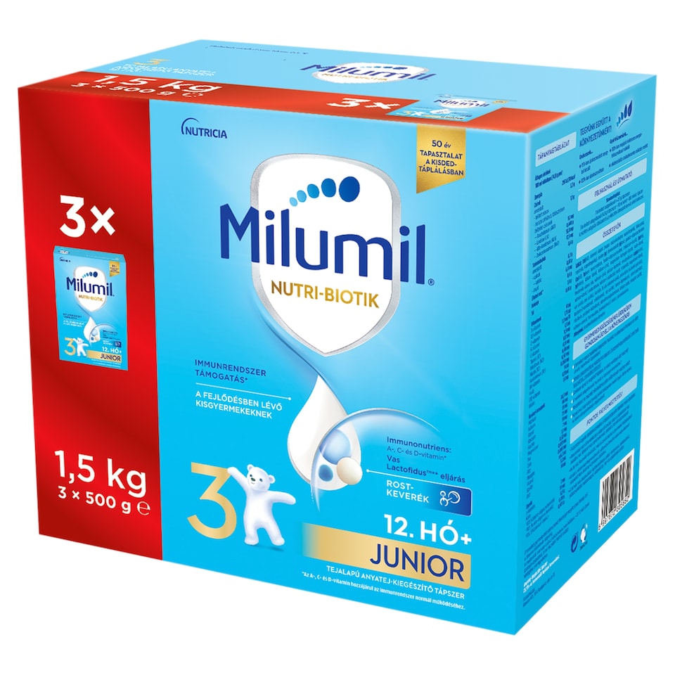 Milumil Nutri-Biotic 3 Junior tejalapú anyatej-kiegészítő tápszer 12 hó+ 3 x 500 g (1,5 kg)  1. kép