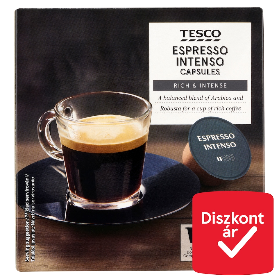 Tesco Espresso Intenso őrölt, pörkölt kávé egyadagos kapszulákban 16 x 7 g (112 g)