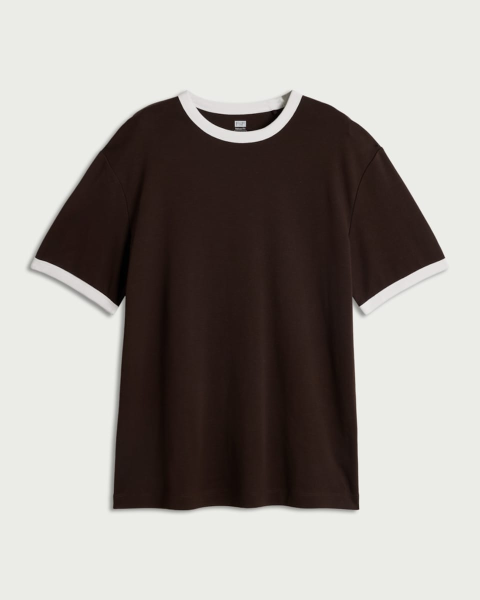 image 1 of F&F Pure Cotton Contrast Trim T-Shirt in Brown