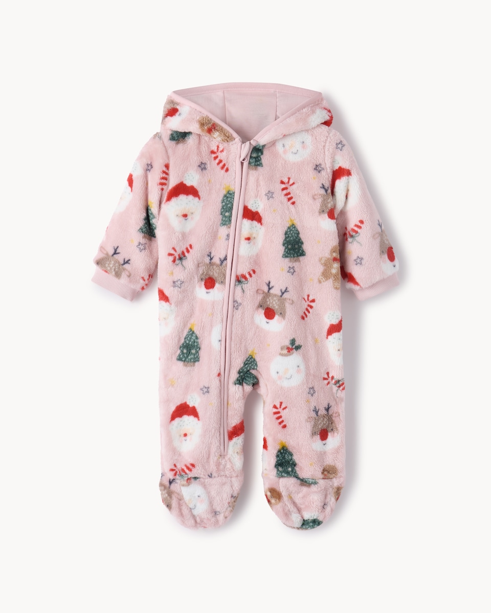 image 1 of Christmas Baby Fleece Printed Pramsuit in Pink