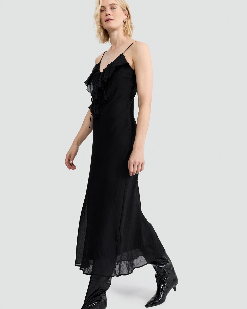 image 1 of F&F V Neck Ruffle Front Strappy Midi Dress in Black
