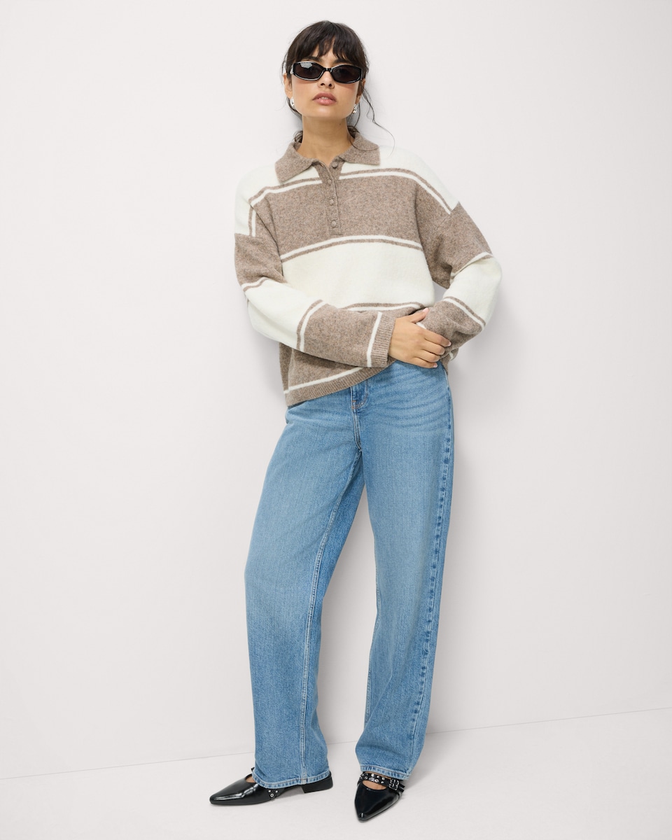 image 1 of F&F Striped Rugby Jumper with Wool in Neutral