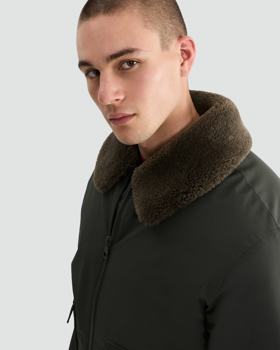 image 1 of F&F Faux Shearling Collar Shower Resistant Bomber Jacket in Khaki