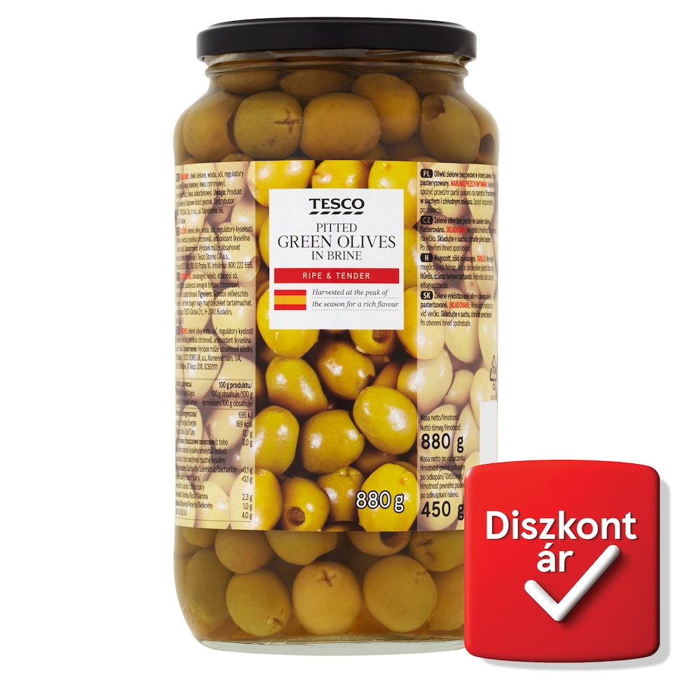Tesco Pitted Green Olives in Brine 880 g