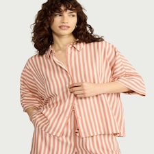 F&F Striped Button Up Co-ord Shirt with Linen in Multi Orange