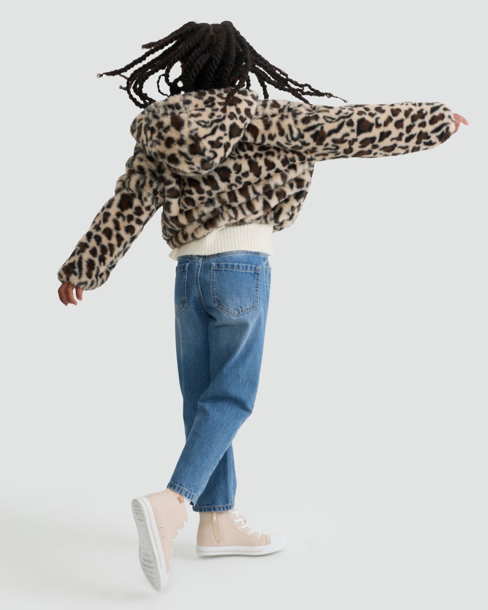 image 1 of F&F Girls Fleece Leopard Print Hooded Jacket in Multi Brown