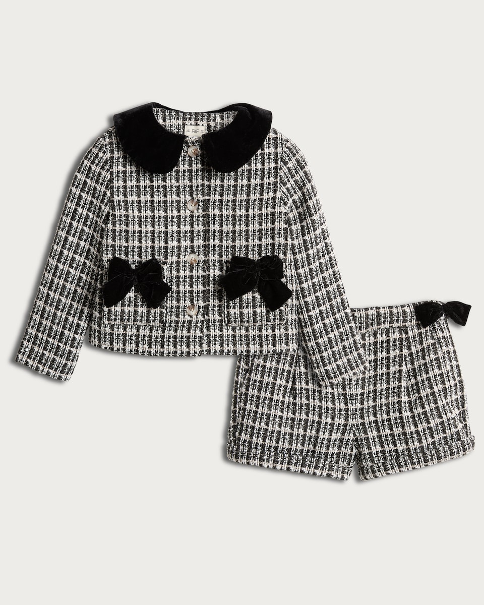 image 1 of F&F Girls 2-Piece Boucle Check Print Bow Jacket and Shorts Set in Multi Black White