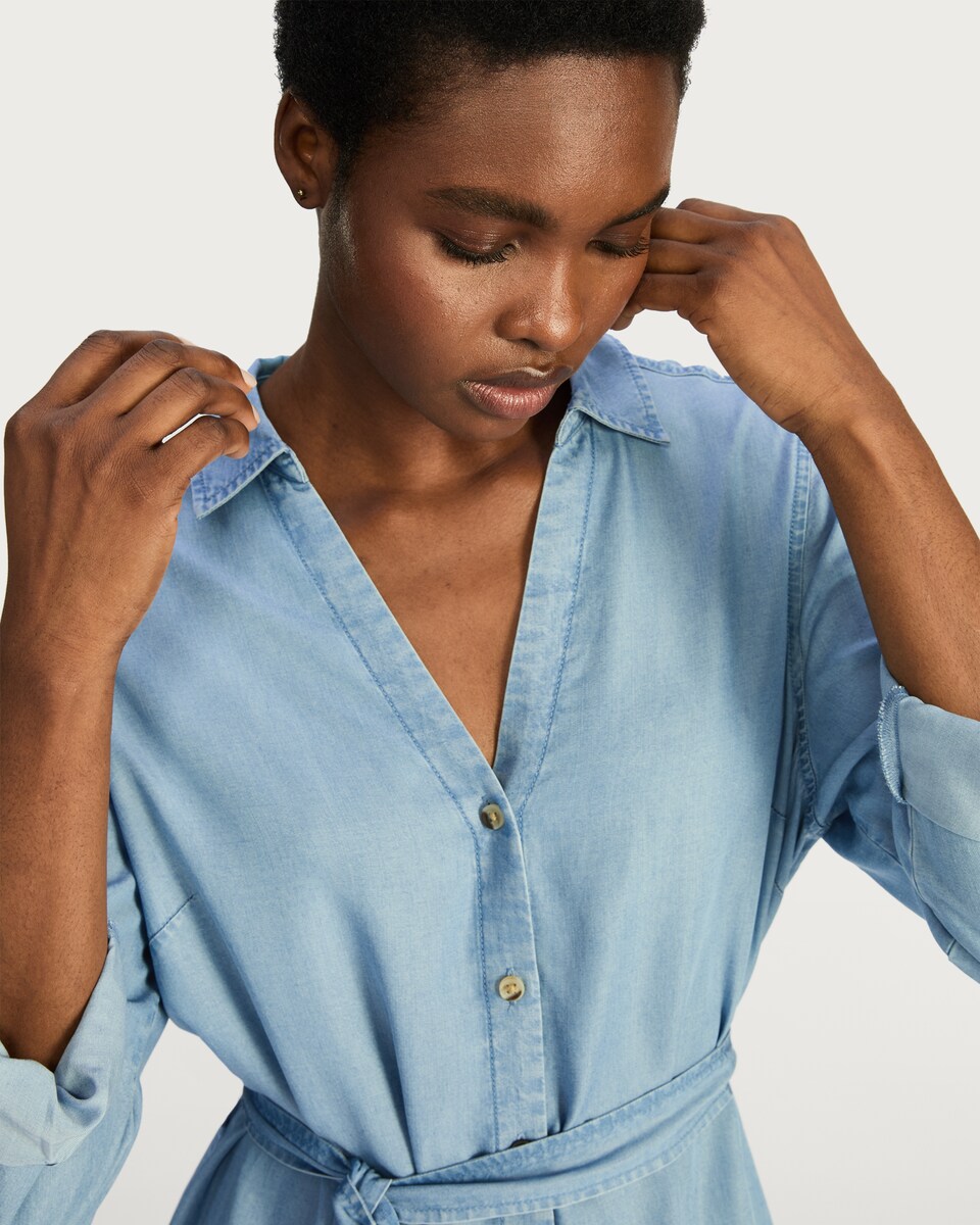 image 1 of F&F TENCEL™ Button Front Belted Mini Shirt Dress in Blue