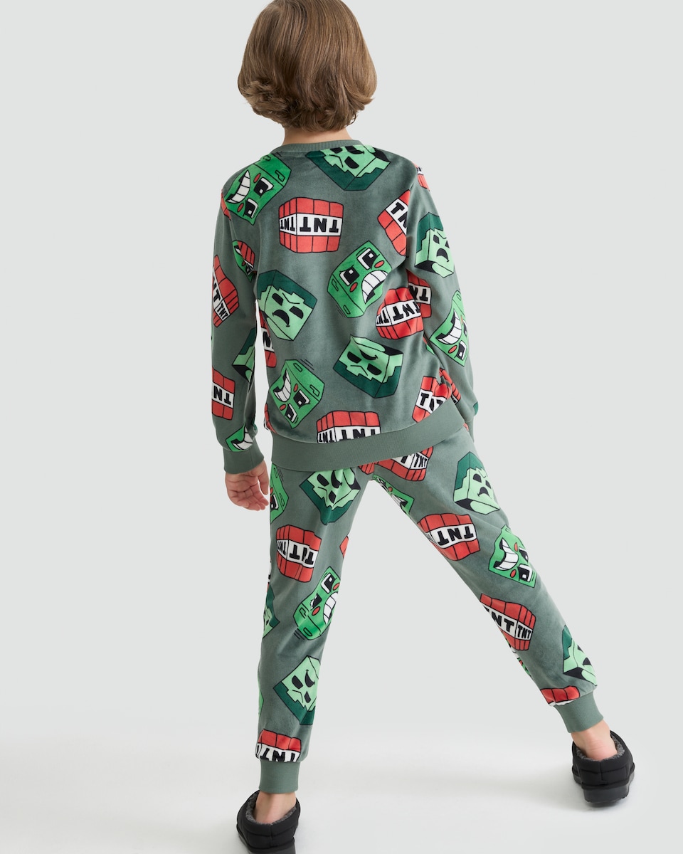 image 1 of Minecraft Minky Fleece Creeper and TNT Print Pyjamas in Green