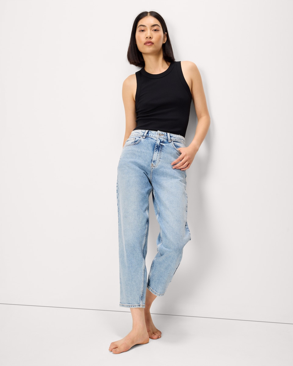 image 1 of F&F Cotton Rich Mom Fit Jeans in Blue