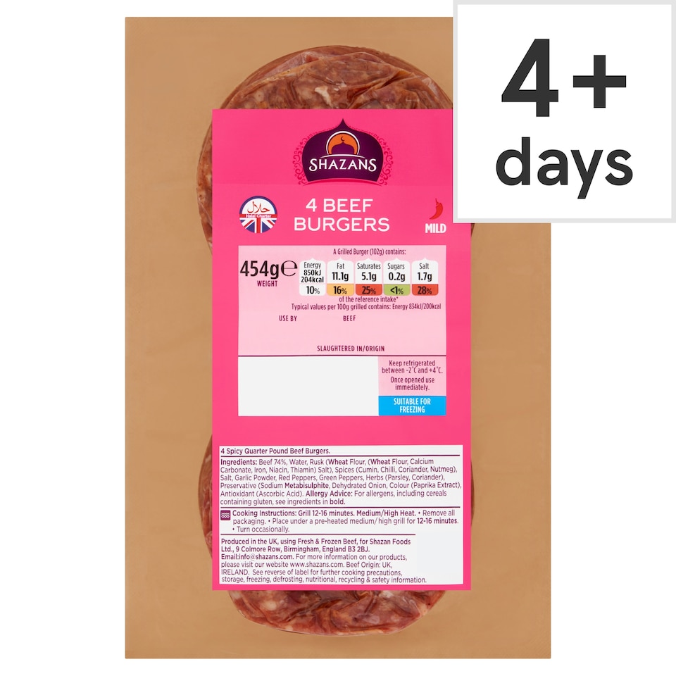 Shazans Halal Beef Burgers Quart Pounders 454G