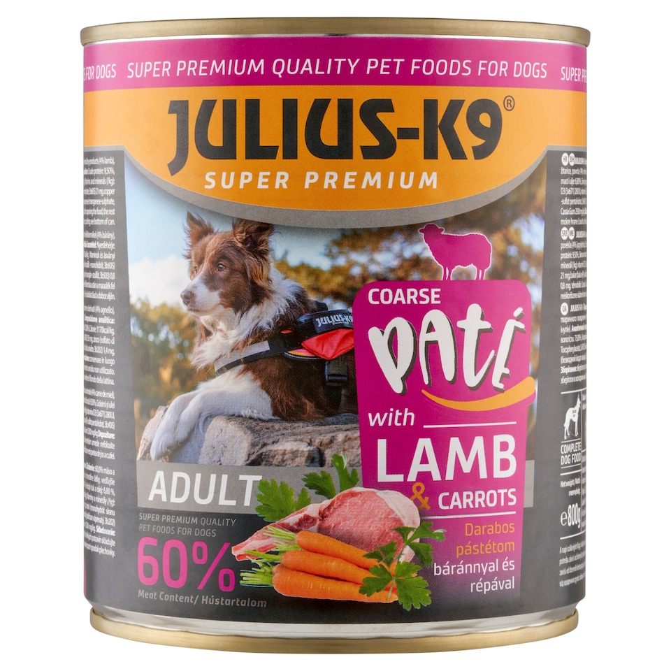 Julius-K9 darabos pástétom báránnyal és répával teljes értékű eledel kutyáknak 800 g