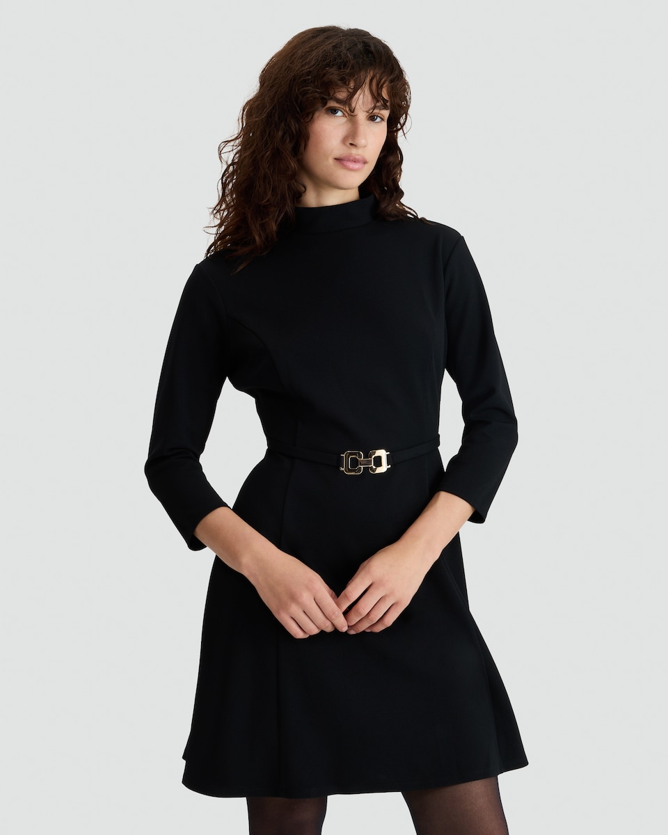 image 1 of F&F High Neck Belted Dress in Black