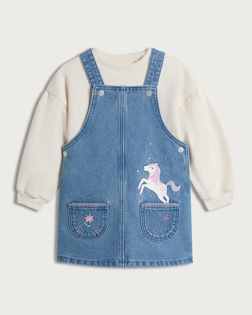 image 1 of F&F Girls 2-Piece Cotton Rich Embroidered Pocket Pinafore and Sweatshirt in Blue