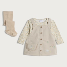 F&F Baby 3-Piece Embroidered Pinafore, Bodysuit and Tights Sets in Cream