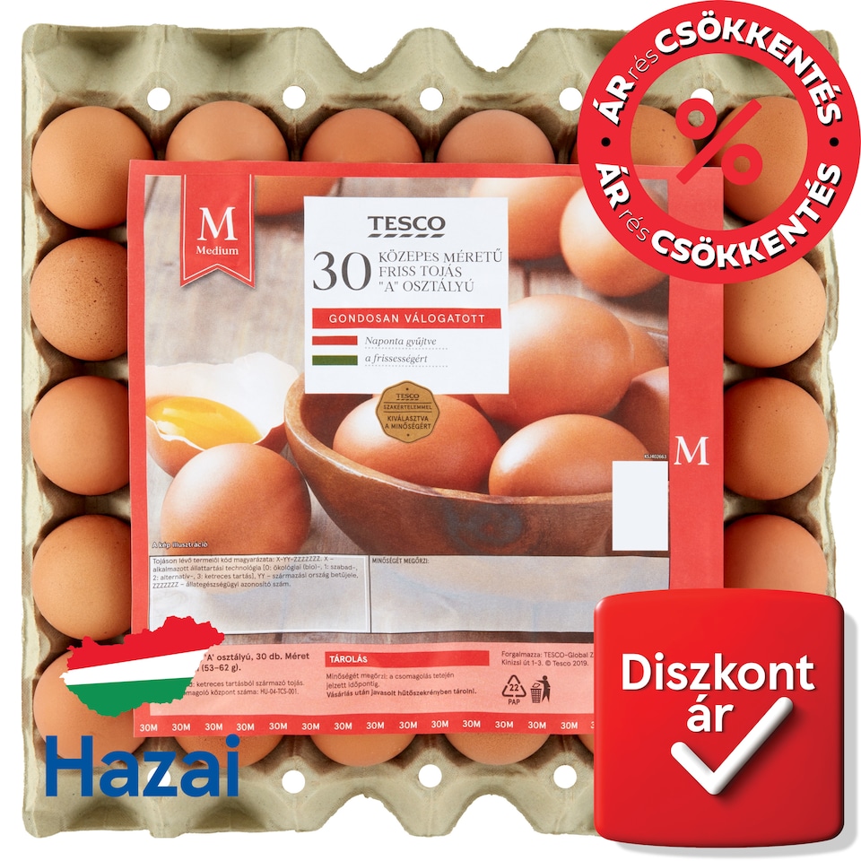 Tesco "A" osztályú közepes méretű friss tojás M 30 db