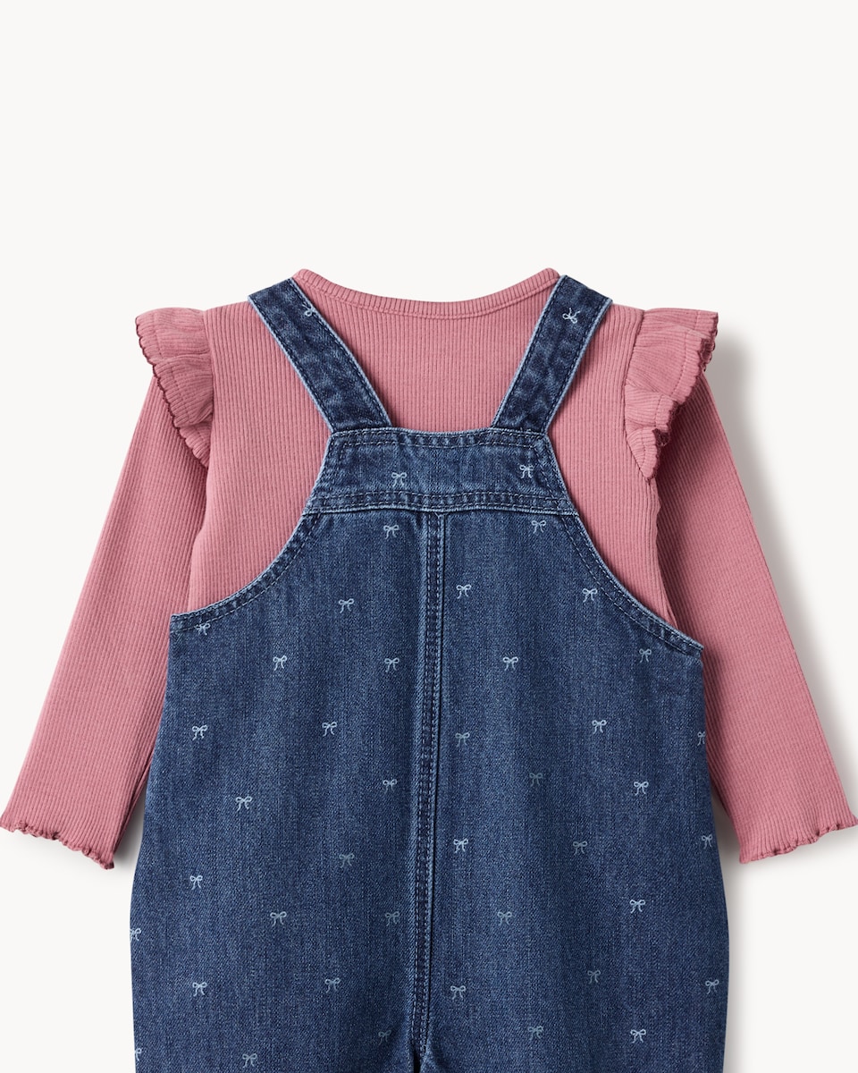 image 1 of F&F Baby Cotton Rich Bow Denim Dungarees and Bodysuit Set in Blue