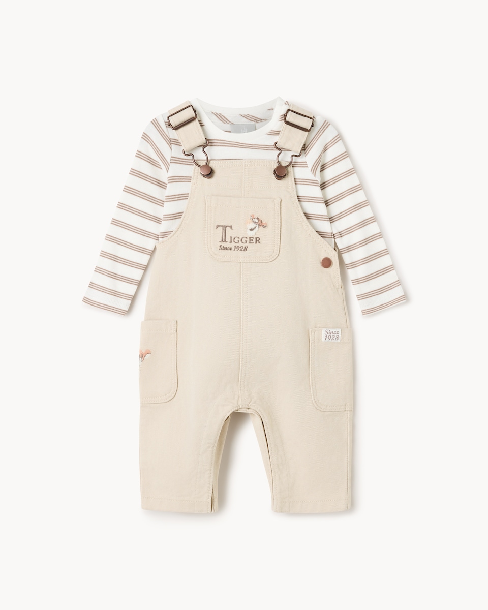 image 1 of Disney Tigger Pure Cotton Dungarees and Bodysuit Set in Stone