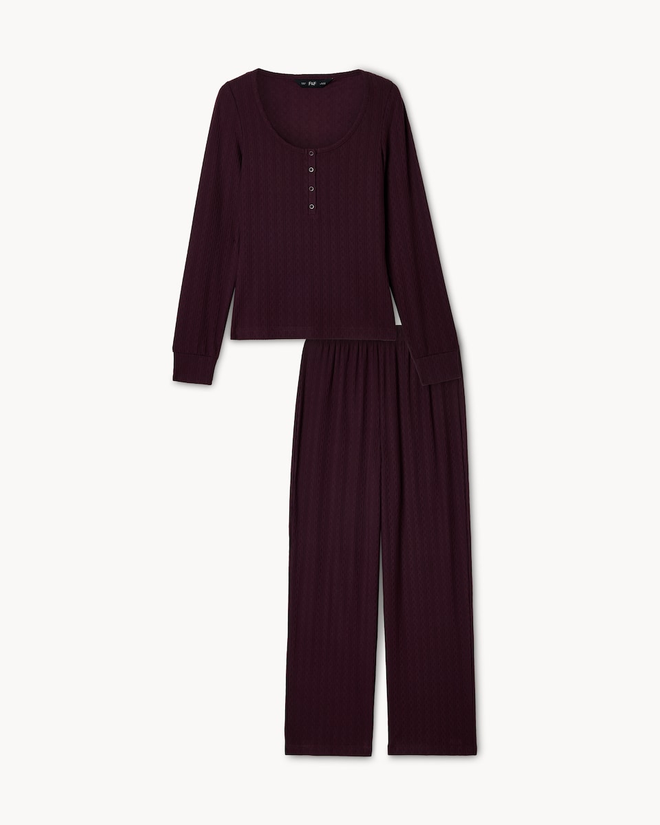 image 1 of F&F Pointelle Cable Henley Pyjama Set in Burgundy