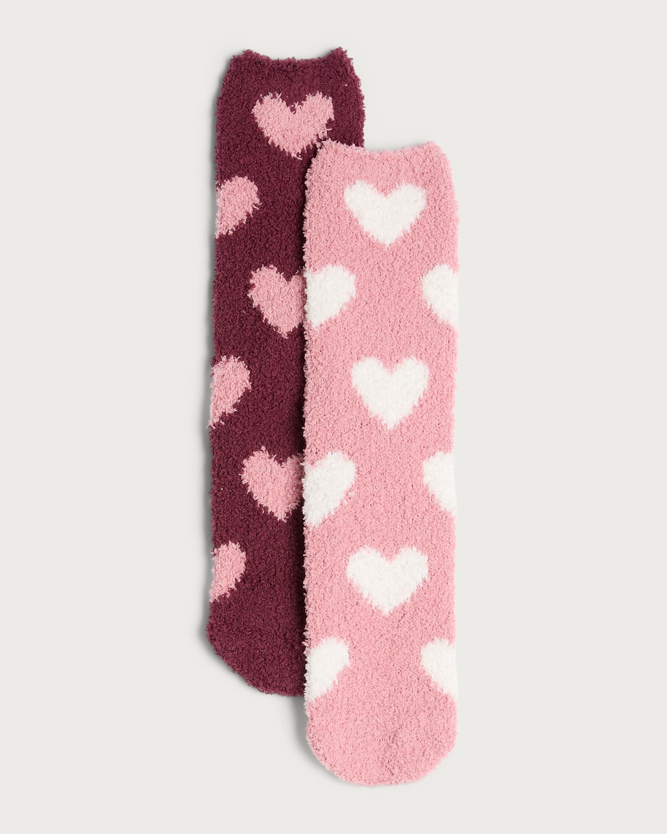 F&F 2-Pack Heart Patterned Cosy Socks in Burgundy