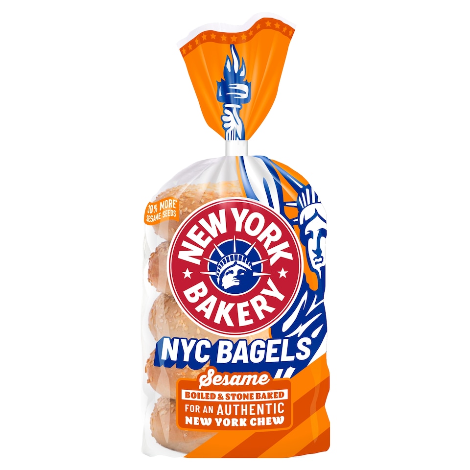 image 1 of New York Bakery Co Plain and Sesame Bagels 5 Pack