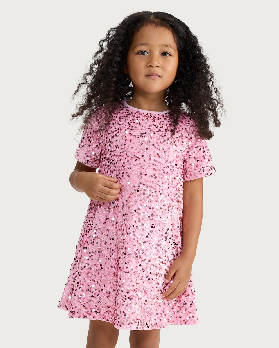 image 1 of F&F Girls Sequin Short Sleeved Dress in Pink