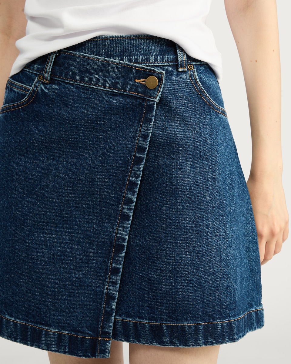 image 1 of F&F Pure Cotton Denim Wrap Mini Skirt in Navy