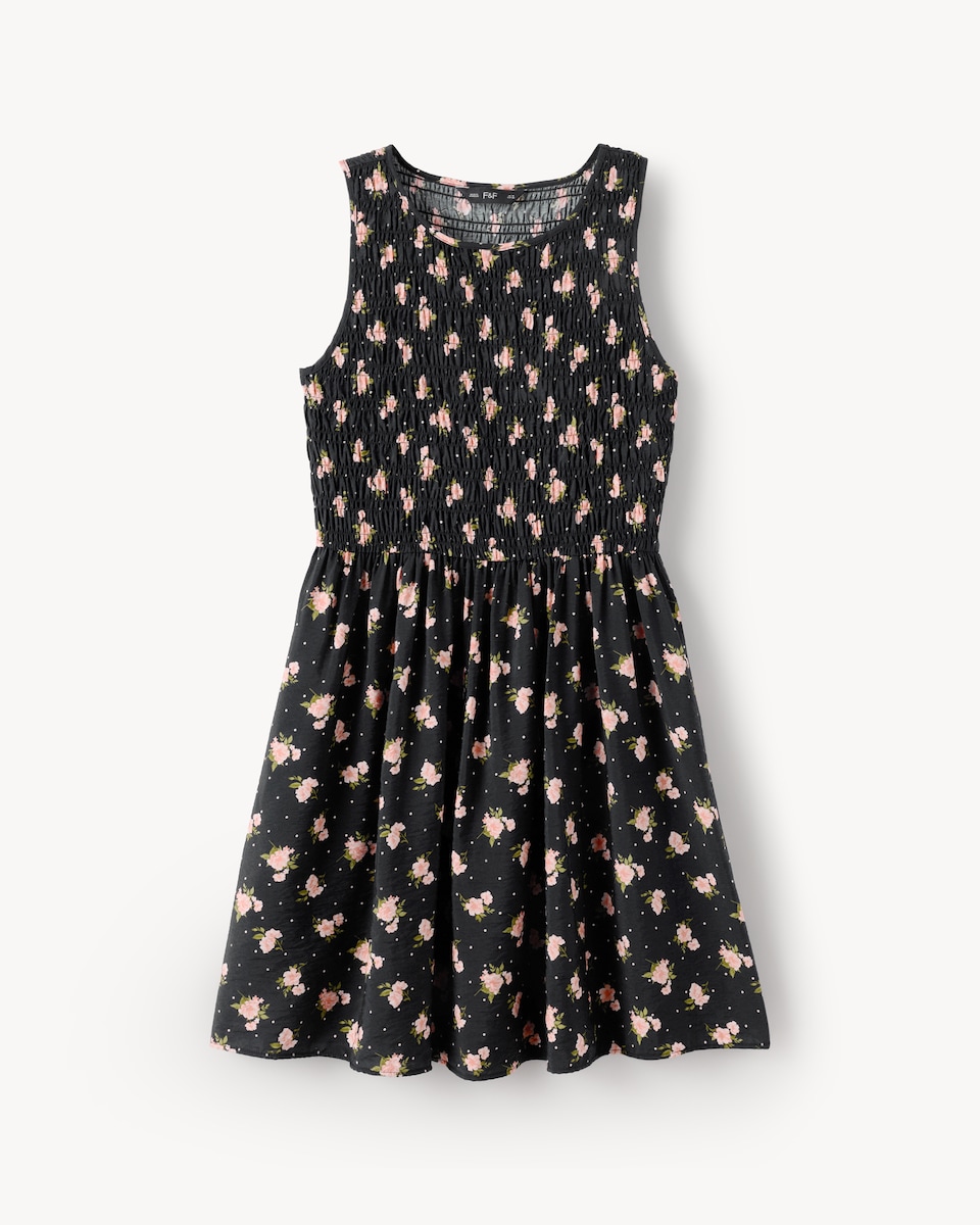 image 1 of F&F Shirred Sleeveless Mini Dress in Multi Black