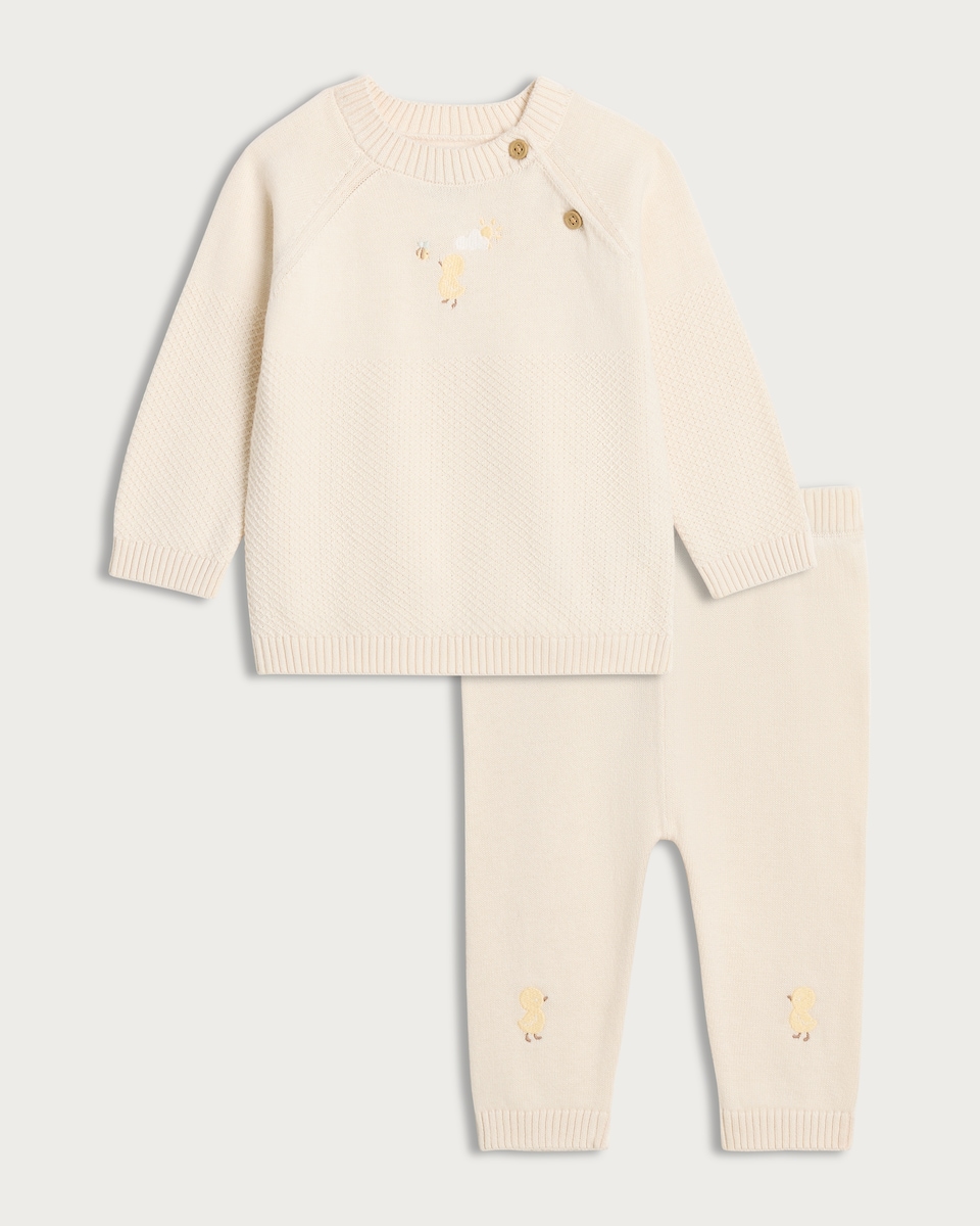 image 1 of F&F Baby 2-Piece Pure Cotton Embroidered Jumper and Trousers Set in White