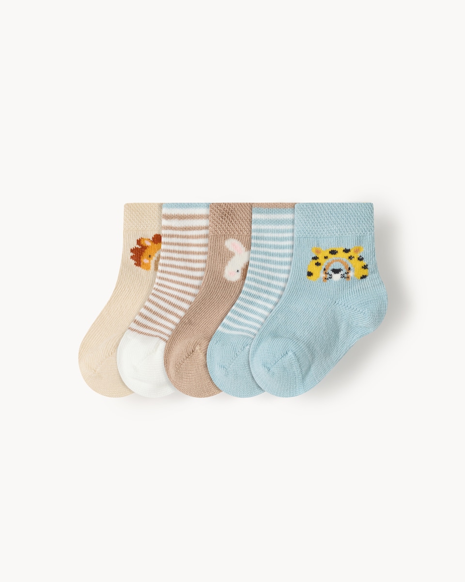 F&F Baby 5-Pack Cotton Rich Rainbow Animal Ankle Socks in Multi
