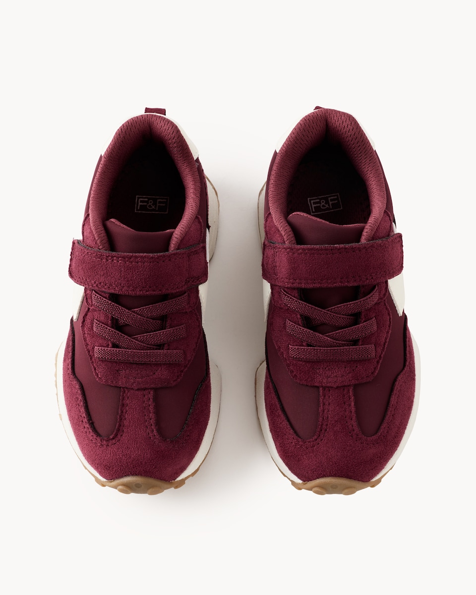 image 1 of F&F Girls Faux Suede Panelled Trainers in Burgundy