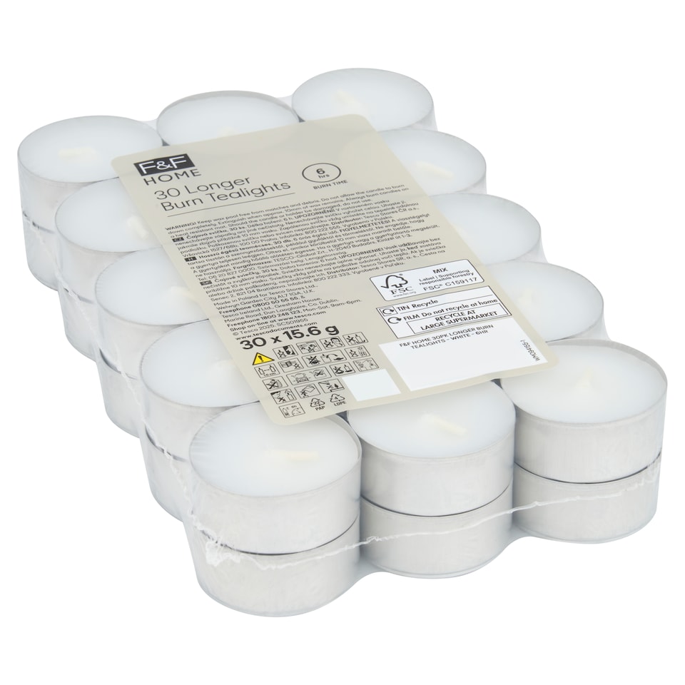 image 1 of F&F HOME White Longer Burn Tealights 30 Pack x 15.6g
