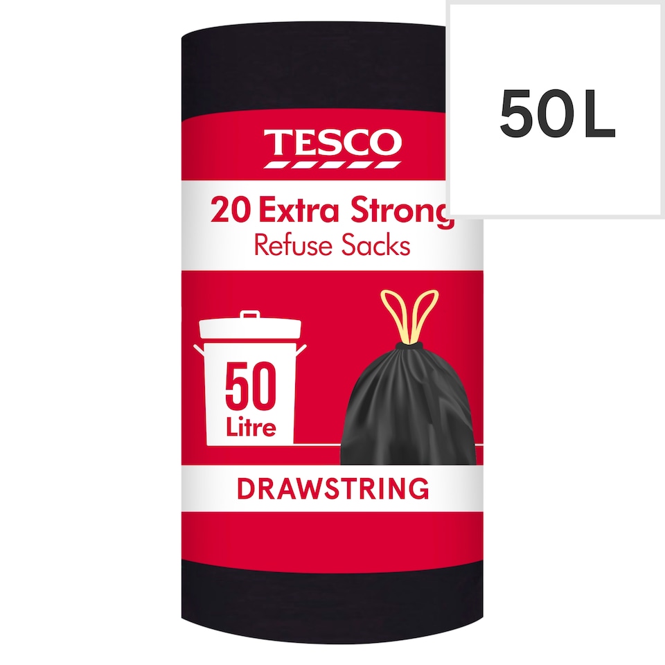 Tesco Extra Strong Drawstring Refuse Sacks 50 Litre 20 Pack