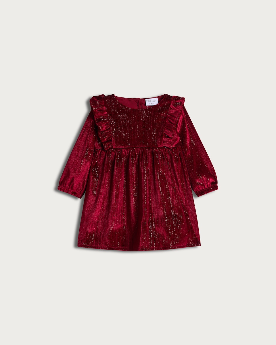 image 1 of F&F Baby Lurex Velvet Ruffle Trim Dress in Red