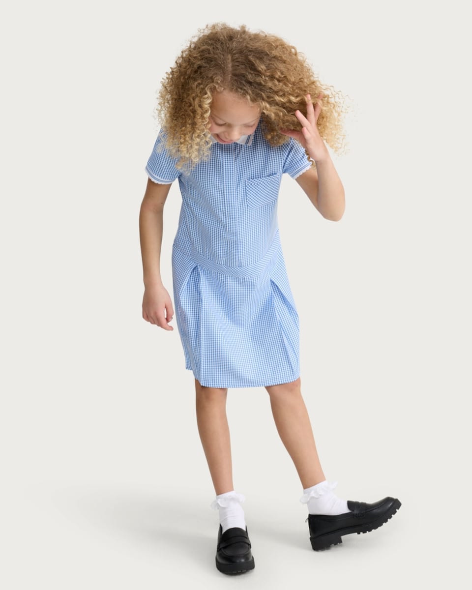 image 1 of F&F School Girls 2-Pack Dressing Made Easy Gingham Pleated Dresses in Blue