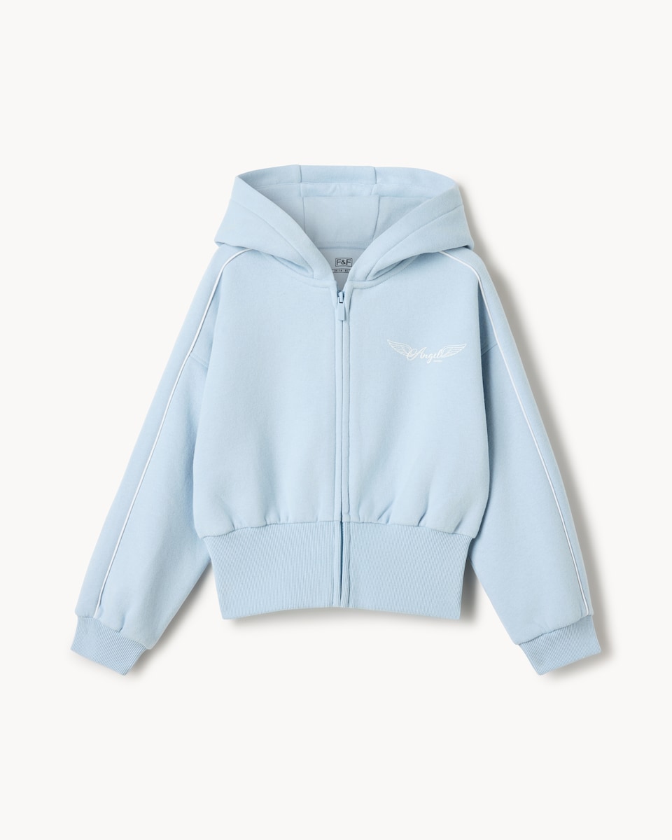 image 1 of F&F Girls Cotton Rich Angel Zip Up Hoodie in Blue