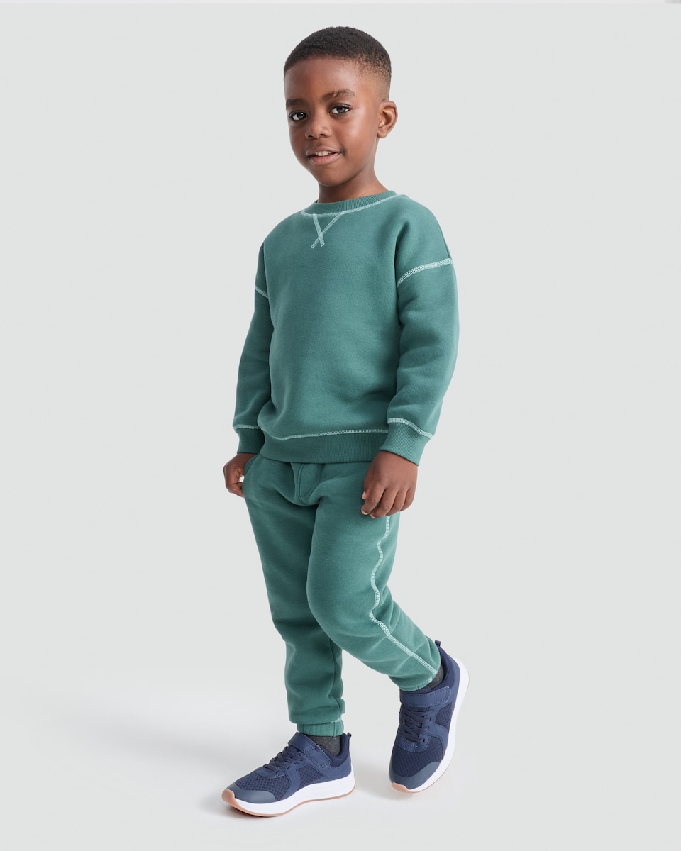 image 1 of F&F Boys 2-Piece Cotton Rich Contrast Stitch Sweatshirt and Joggers Set in Green