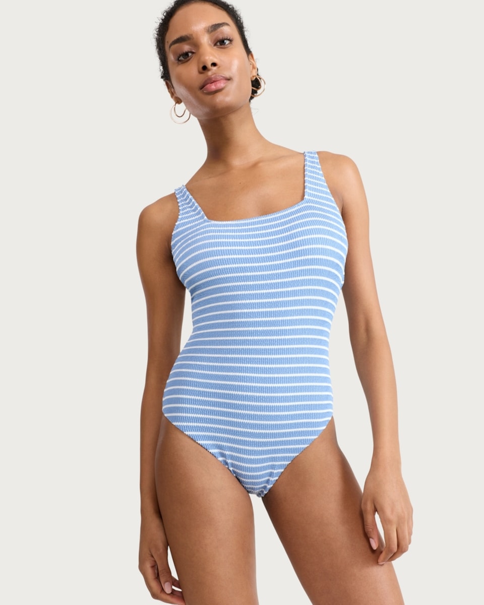 image 1 of F&F Crinkle Textured Striped Square Neck Swimsuit in Blue