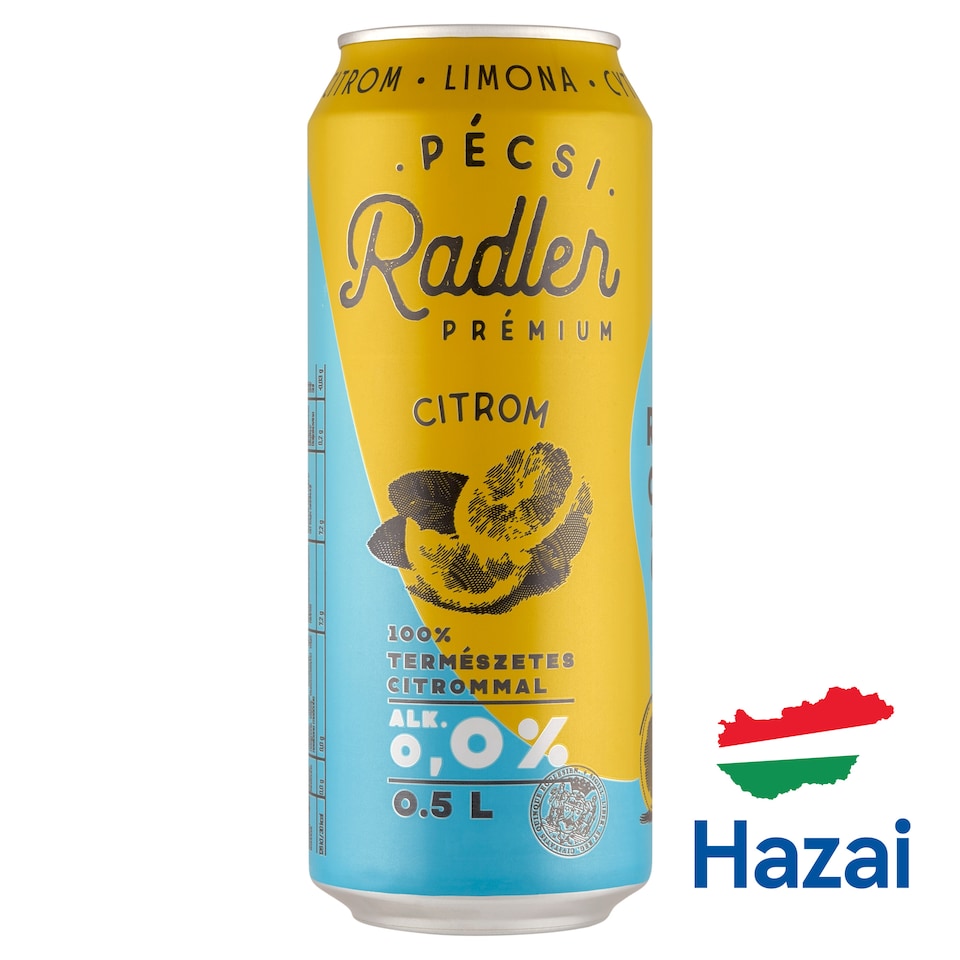 Pécsi Radler Prémium Citrom alkoholmentes világos sör & citrom ízű szénsavas üdítőital 0,0% 0,5 l  1. kép