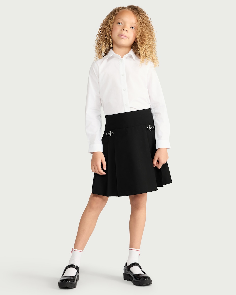 image 1 of F&F Girls School Buckle Pleated Skirt in Black