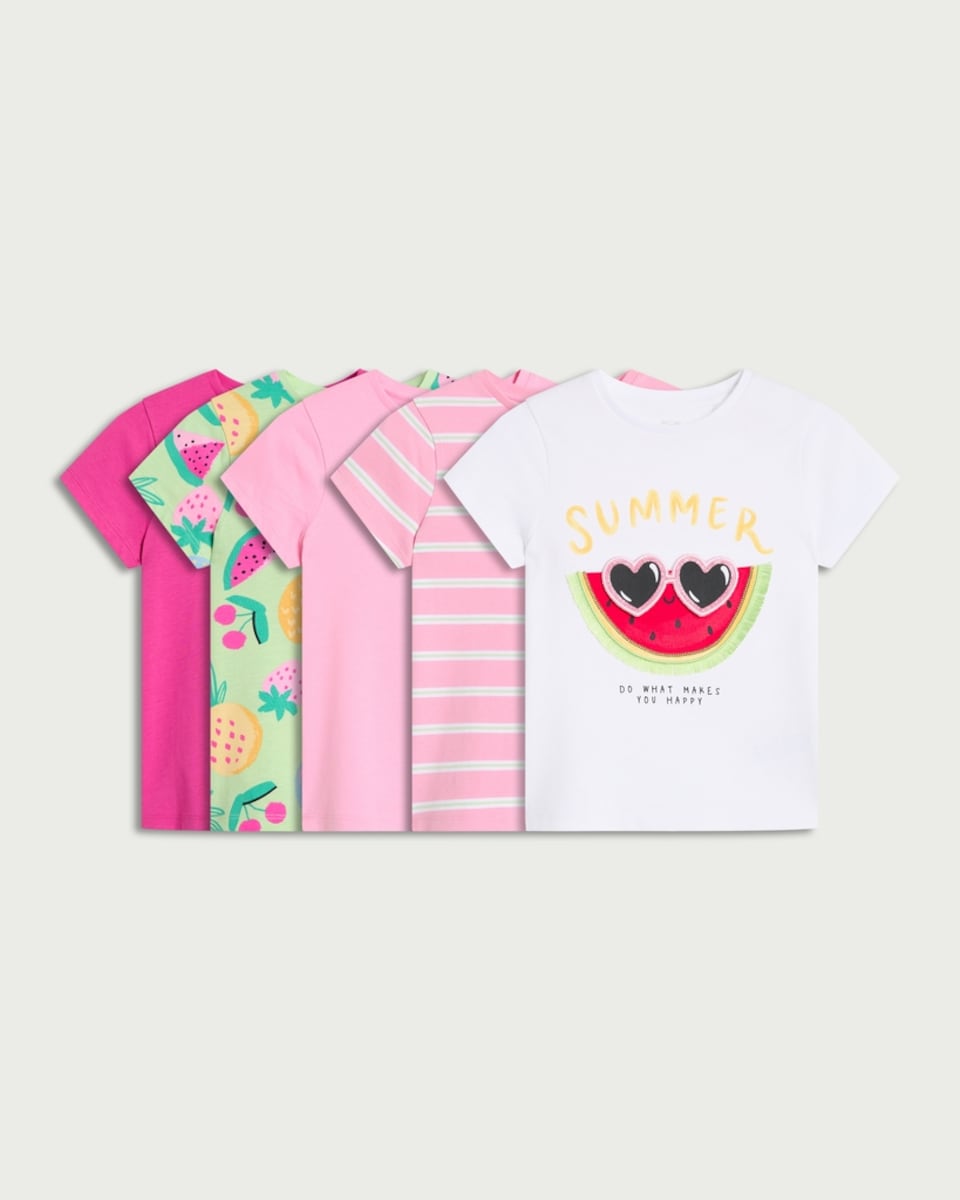 image 1 of F&F Girls 5-Pack Pure Cotton Fruit Print T-Shirts in Multi Pink