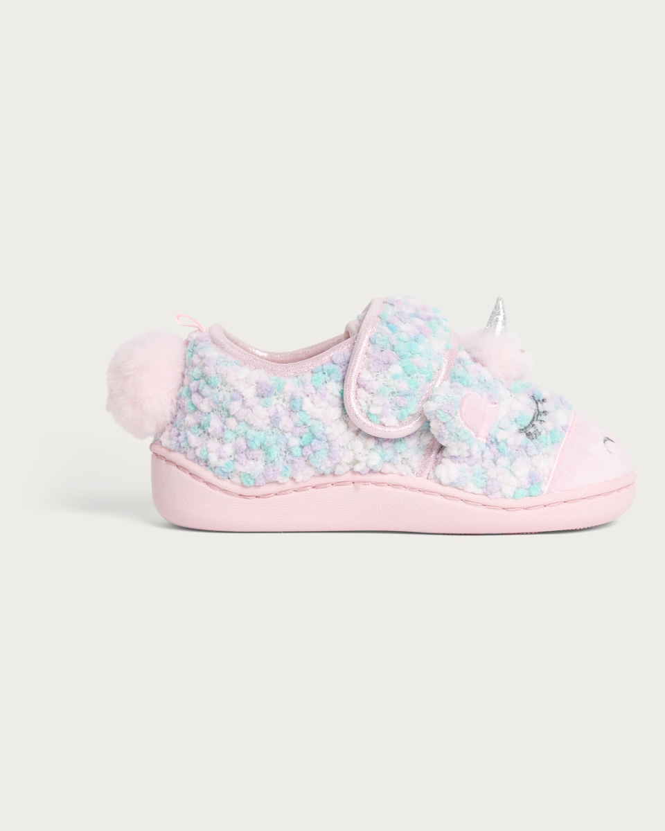 image 1 of F&F Girls Borg Unicorn Slippers in Multi Pink
